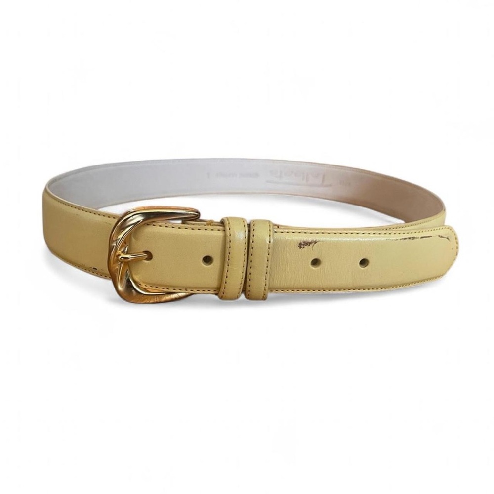 Talbots Pale Yellow Cream Leather Belt Brass Clasp L 32” - 36” Classic Mod